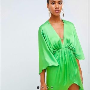 ASOS Green Satin Deep V Kimono Dress